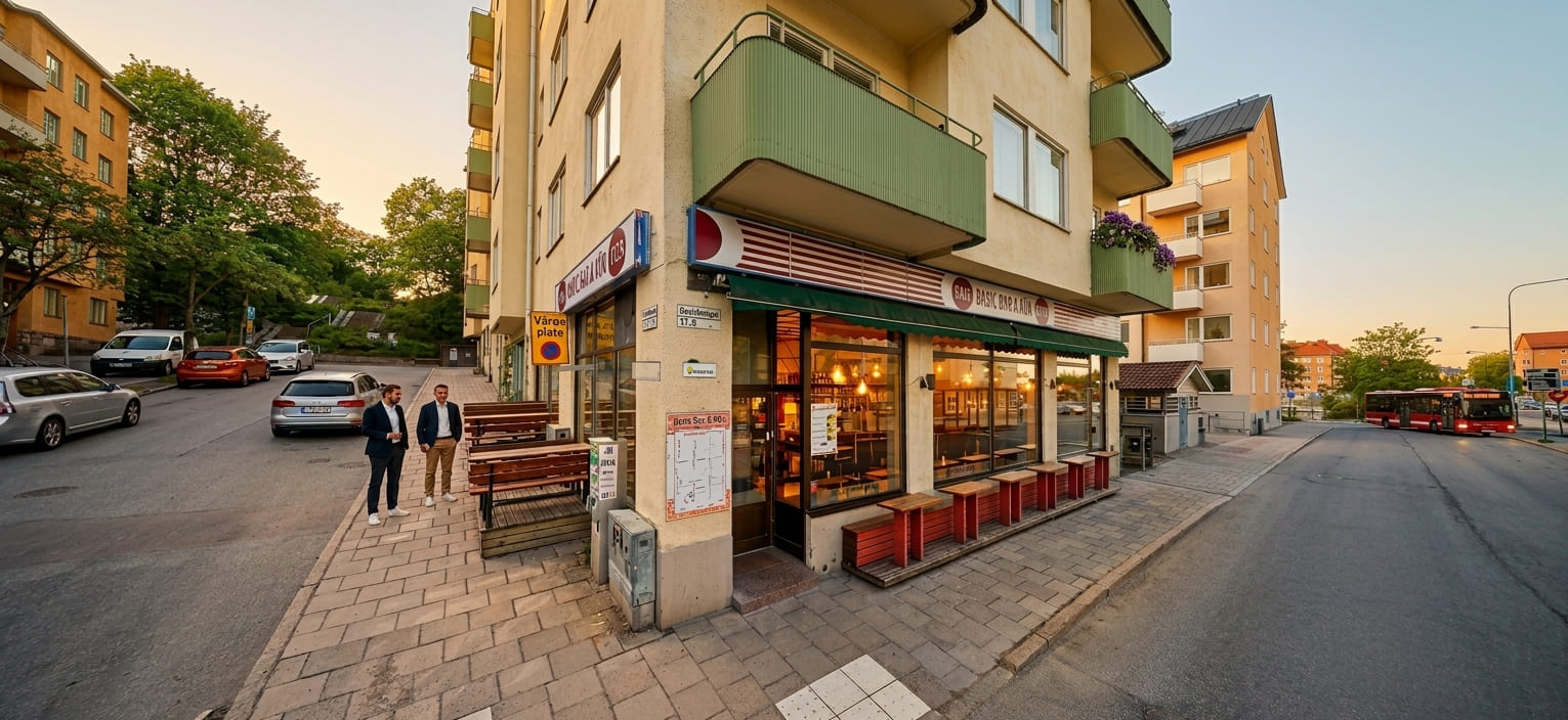 Basic Bar Kök på Råsundavägen 37 i Solna en kväll, med upplysta fönster och uteservering